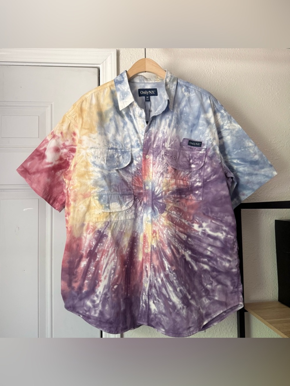 NWT ONLY NY‎ multicolor tie dye cotton fishing cargo utility button up shirt